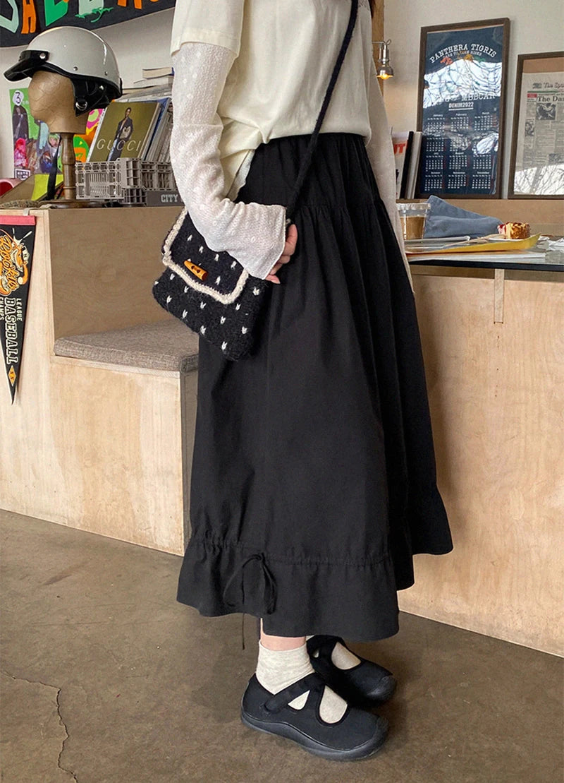 Vintage Black Midi Skirt Women Japanese Harajuku Drawstring Bud Skirts Summer Streetwear Korean Casual Design A Line Faldas New.