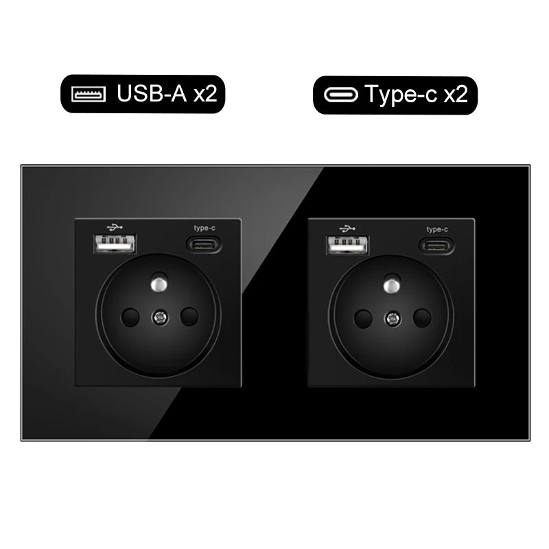 JHJCH Touch Lichtschalter Frankreich Steckdosen USB C Telefon Ladung Kristallglas 1/2/3Gang Wandschalter Doppelsteckdosen Schwarz