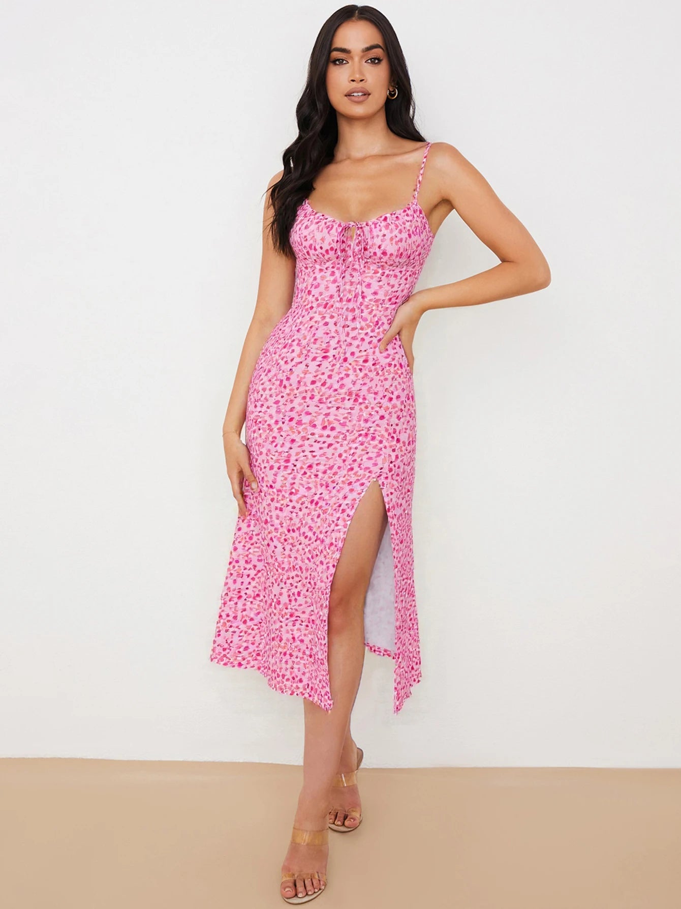 Hugcitar 2025, ärmellos, Satin, Slip, Blumenmuster, gerüscht, Bandage, Ausschnitt, Maxikleid, Frühling, Damenmode, sexy Party, Club, Robe Kpytomoa