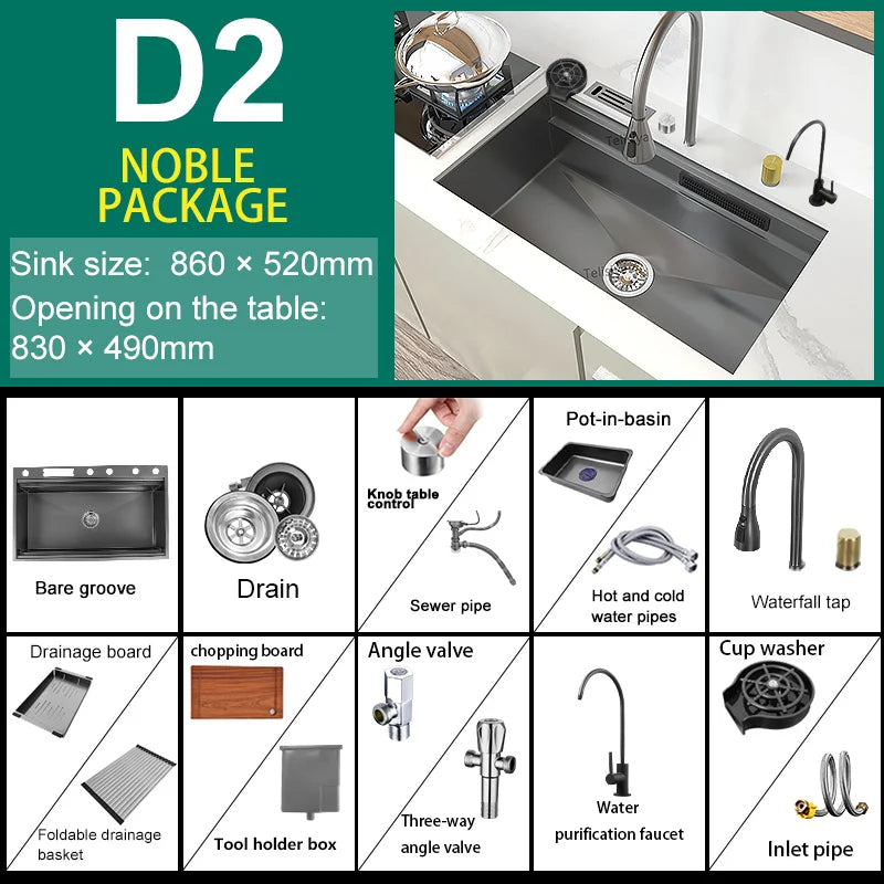 New Stainless Steel Kitchen Sink with Waterfall  Large Single Slot Various Multifunctional Sinks Dish and Vegetable Wash Basin