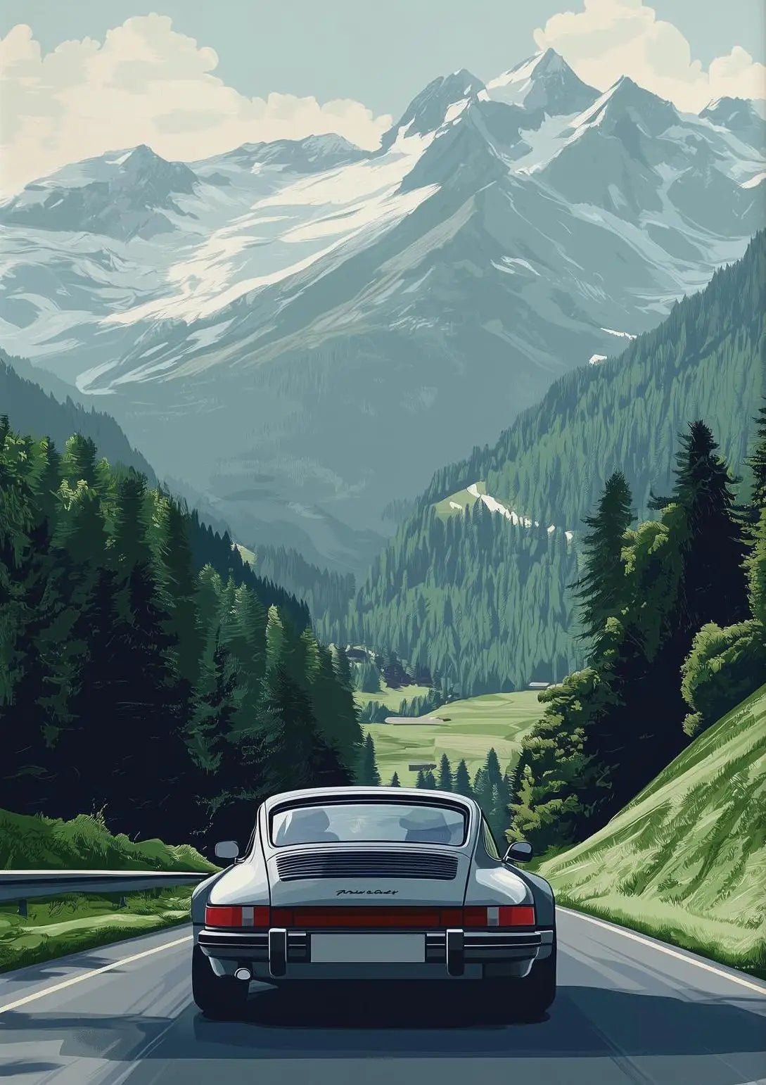 Classic Porsche 911 Alpine Drive Poster Retro Alpine Trip Cartoon Prints Canvas Painting Wall Art Picture Home Living Room Decor.
