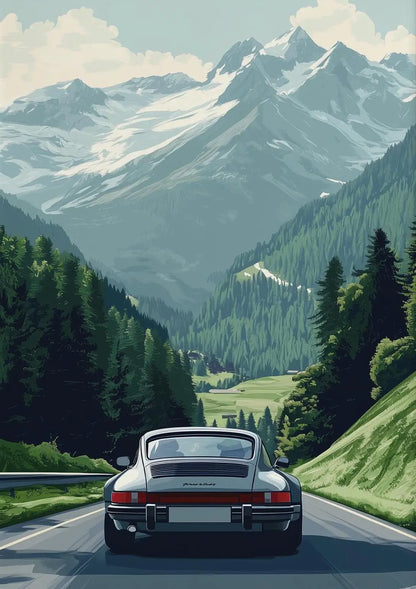 Classic Porsche 911 Alpine Drive Poster Retro Alpine Trip Cartoon Prints Canvas Painting Wall Art Picture Home Living Room Decor.