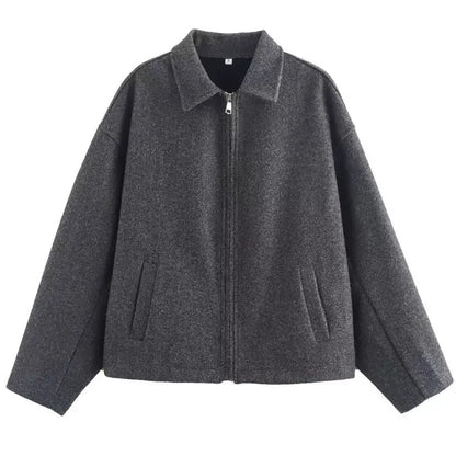 Mode Braun Zipper Woolen Jacke Für Frauen Elegante Revers Langarm Kurze Mäntel Weibliche Vintage Herbst Dame Straße Oberbekleidung
