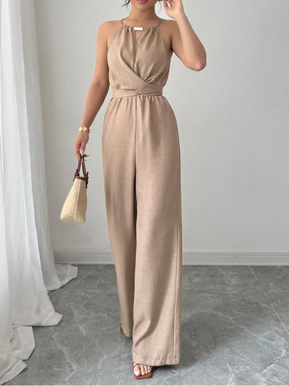 Women's Jumpsuits Summer Sleeveless Solid Fashion Bandage O- Neck Sexy Slim Folds Jumpsuits Casual Streetwear Simple Jumpsuits.