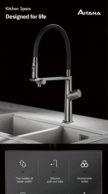 AITANA Luxury Brass Gun Grey Pull out 2-Function Kitchen Faucet Single Handle Cold and Hot Water Pure Water Design Sink Tap