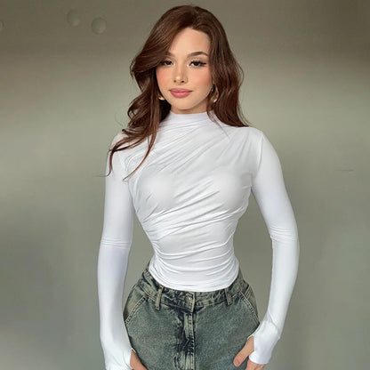 2025 Autumn Solid Color Folds Turtleneck Slim T Shirt Women Long Sleeves Bottoming Shirt Ladies Tee Shirt Tops Camisetas Mujer.