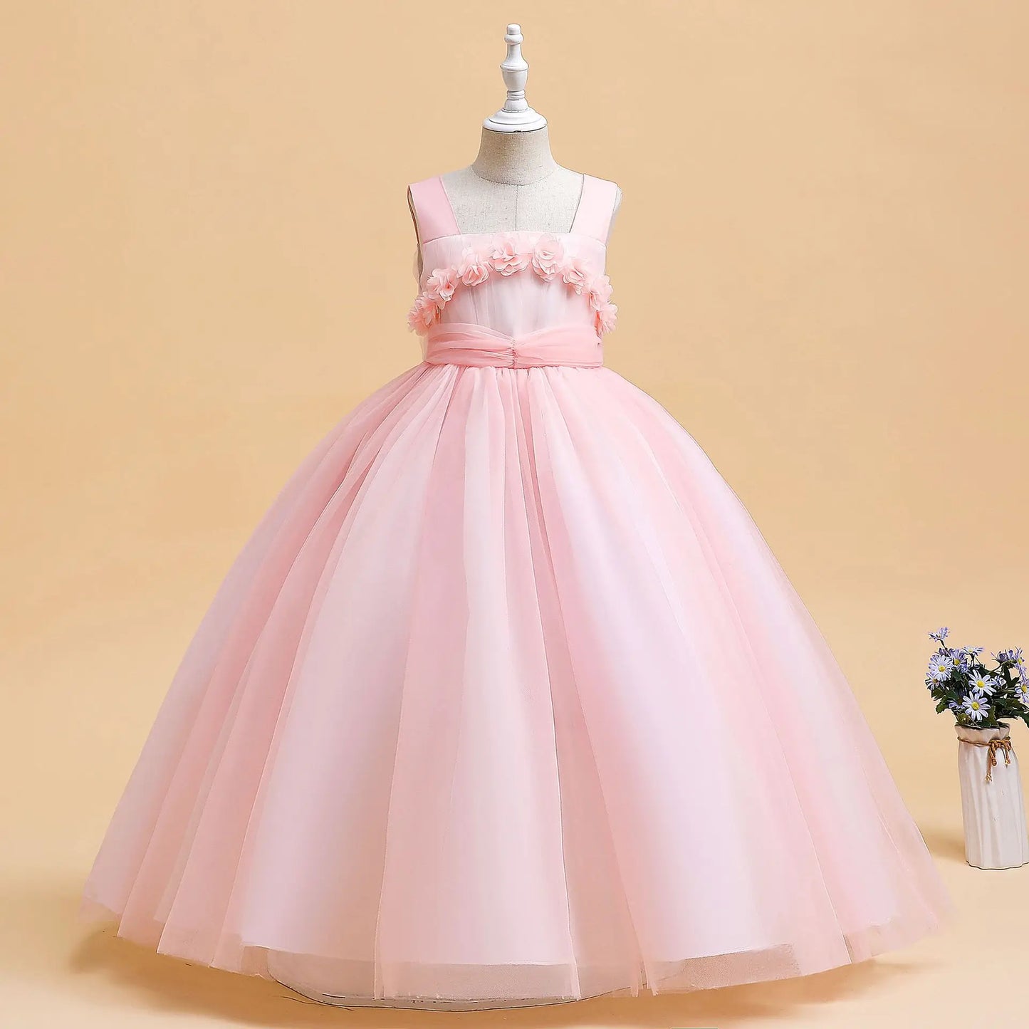 Mädchen Partykleider Weiß Langes Hochzeit Brautjungfer Prinzessin Kleid Abend Tüllkleid Abschlussball Klavier Performance Kleid.
