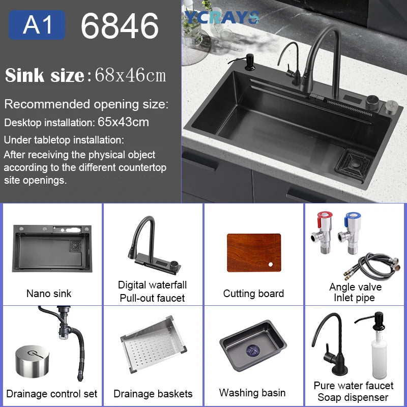 YCRAYS Digital Display Nano Kitchen Sink Large Single Bowl SUS304 Waterfall Faucet Cup Washer Purified Tap Soap Dispenser