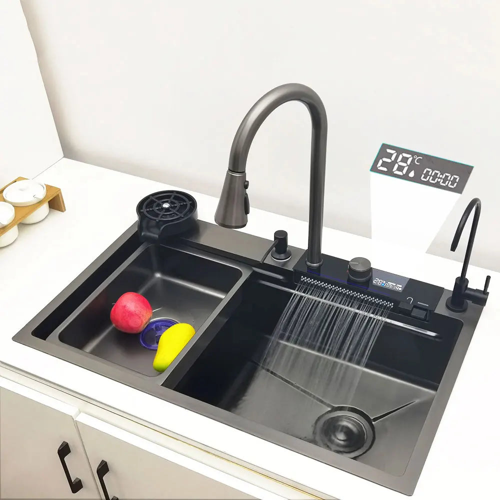 LED-Wasserfall-Küchenspüle, Spüle aus Edelstahl 304, großes Einzelbecken mit Multifunktions-Wasserfall-Wasserhahn über der Theke
