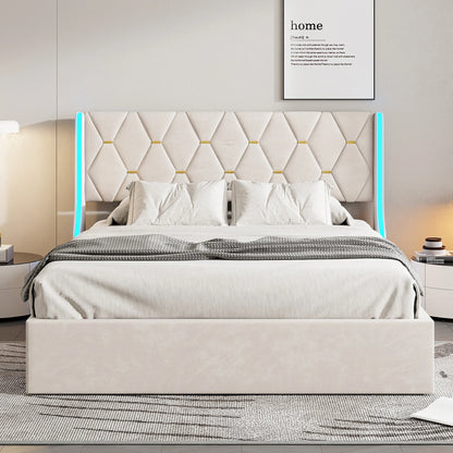 Comanlai 140 x 200 cm/160 x 200 cm hydraulisches Bett mit Stauraum, gepolstertes Bett mit Kopfteil, Kopfteil mit LED-Leuchten, Doppelbett, Flanell