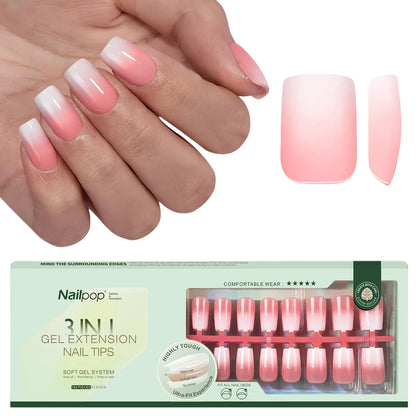 NAILPOP 150Pcs 4 in 1 Ombre Gel Nail Tips White Gradient Soft Gel False Nail Tips Soak Off Fake Nails Extensions DIY 15 Sizes.