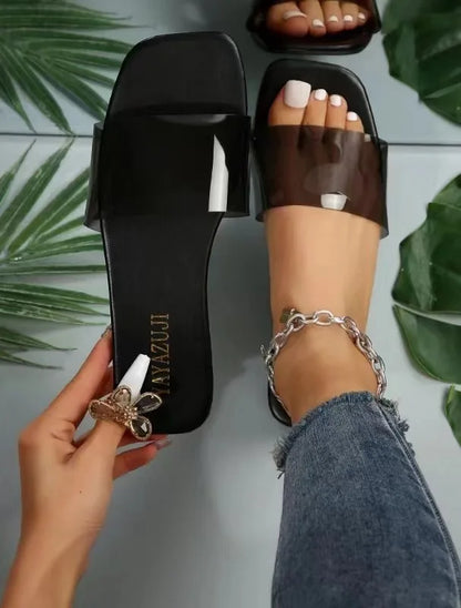 Women Fashion Sandals 2025 New Summer Flat Shoes Square Toe Slip-on Girls Indoor Street Slippers Plus Size Beach Slides