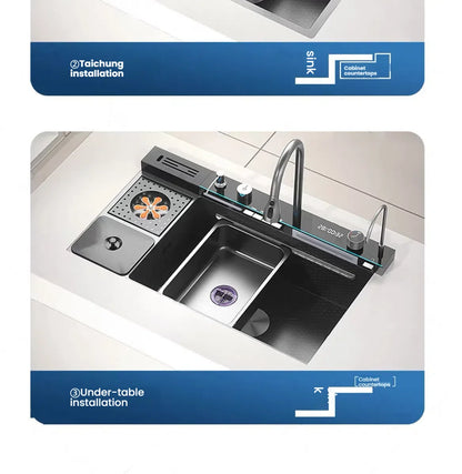 Smart Digital Display Waterfall Faucet Kitchen Sink With Knife Holder and Trash Can Household Wash Dish Basin Large Single Slot