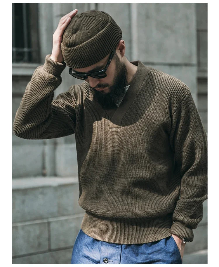 Bronson WWII USAAF Type A-1 Mechanic Sweater Men Heavyweight V-Neck Knit Jumper.