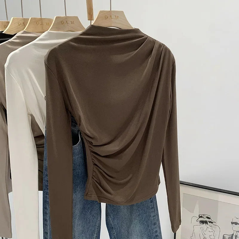 Early Autumn Pure Color High Neck Pleated Slim Fit Sexy Base Shirt Women's Fashionable Crew Neck T-shirt Full Sleeve China Origi.