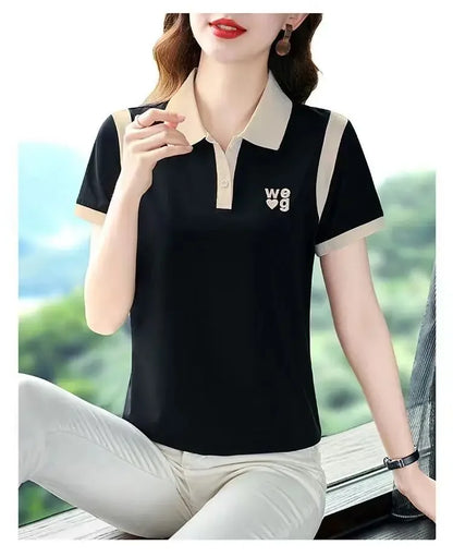 Sporty Short Sleeve Polo Shirt for Women Summer Fashionable Hong Kong Style Top Slim Fit Mixed Fabric Trendy T-Shirt.