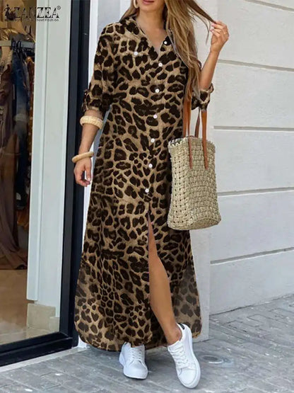 ZANZEA Party Vintage Leopard Robe Frauen 2025, Herbst Casual Langarm Maxi Lange Vestidos Kleid Mode Übergroßen Hemd Sommerkleid