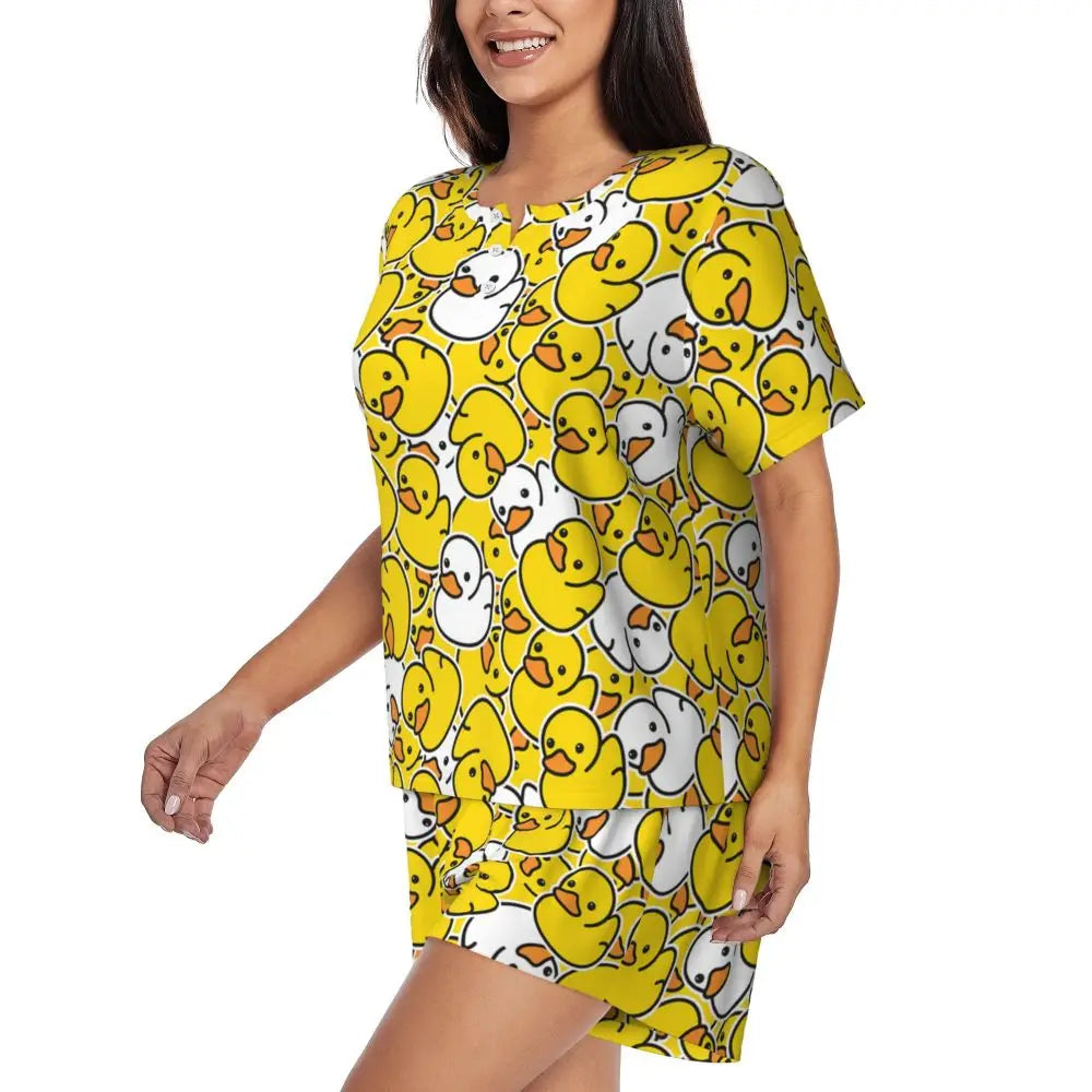 Benutzerdefinierte Frauen Gelb Klassische Gummi Ente Pyjamas Set Gedruckt Zwei-stück Pj Sets Kurzarm Nachtwäsche Loungewear