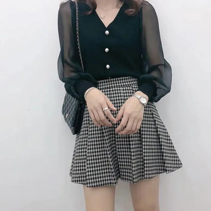 clothe Women's Spring Autumn Style Chiffon Blouses Shirt Women's Knitted Button Long Sleeve Solid Color Lace Patchwork Tops.