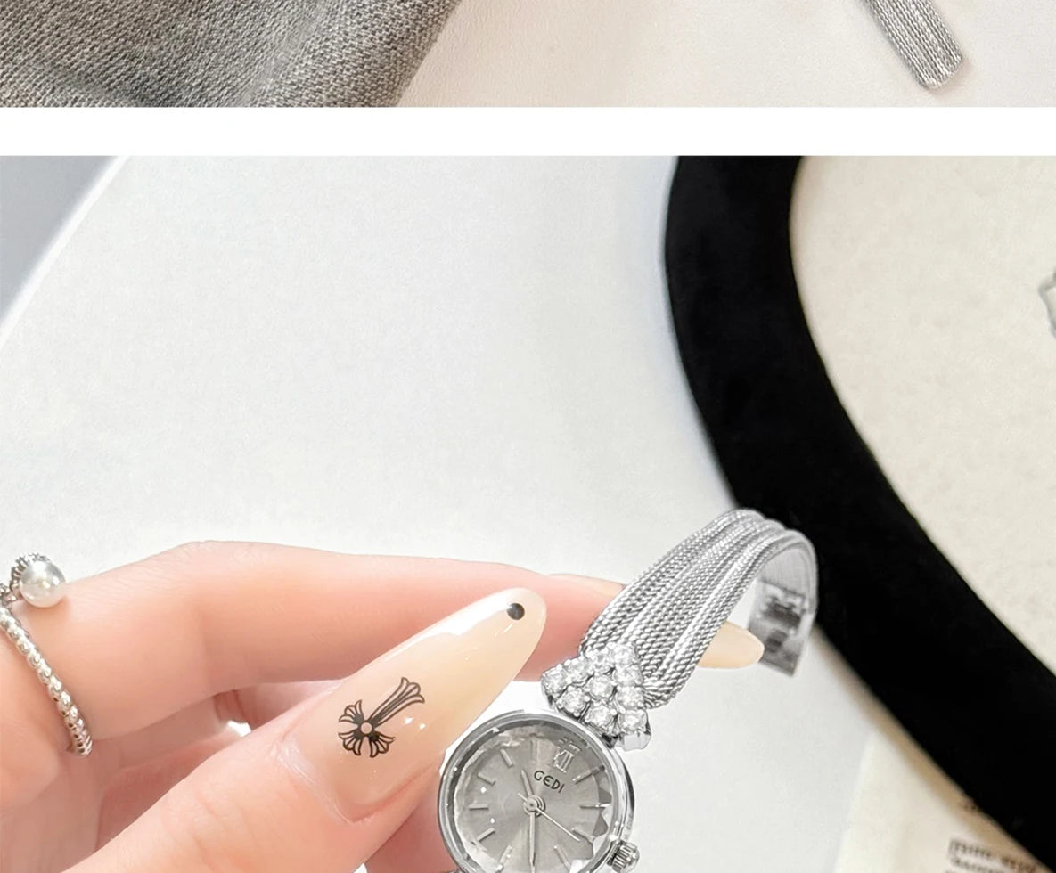 GEDI Watch Gold Silver Diamond Inlaid Steel Strip Women's Wristwatch Vintage Niche Light Luxury Temperament Quartz Watch Woman
