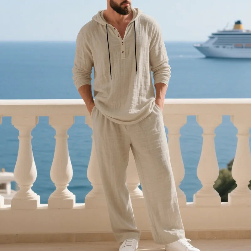 Cross-border Autumn Linen Men's Casual Suit Loose Hooded Henley Shirt Long Sleeve Pants Suit