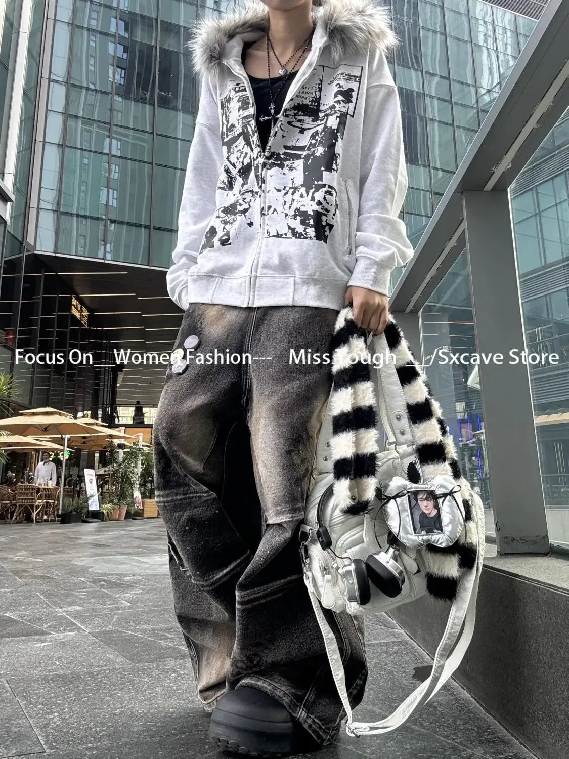 Korean Fashion Sweatshirts Harajuku Gothic Printed Coats Jackets Subculture Vintage Faux Fur Hooded Women Casual Y2k Clothing.