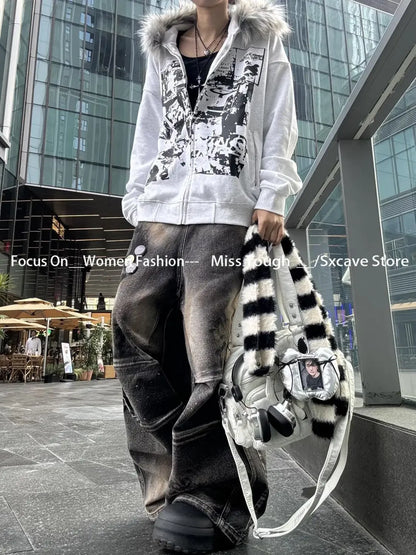 Korean Fashion Sweatshirts Harajuku Gothic Printed Coats Jackets Subculture Vintage Faux Fur Hooded Women Casual Y2k Clothing.
