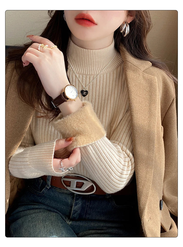 Women's Turtleneck Sweater Winter 2025 Retro with Velvet Lining Thickened Inner Wear Thermal Knitting Bottoming Shirt Pullovers