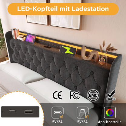 KOMHTOM Hydraulisches Lagerbett, Leinen, 360-Surround-LED-Funktion, mit USB Typ-C Ladefunktion, ohne Matratze