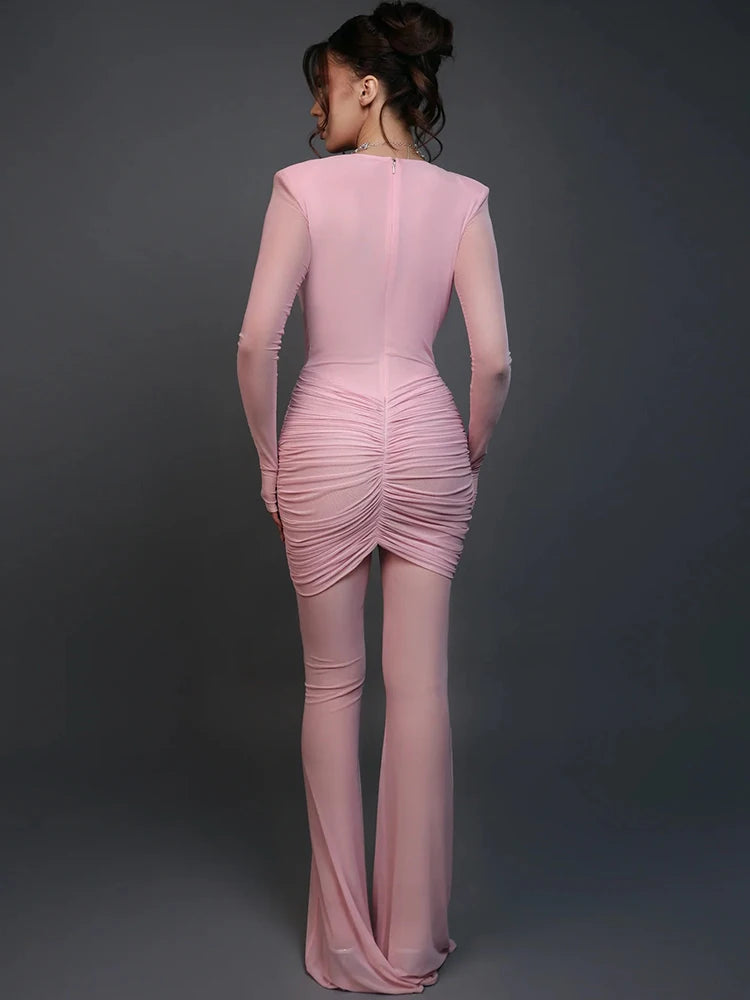 Mozision Deep V Neck Long Sleeve Sexy Jumpsuits Women Autumn Winter Patchwork See Through Ruched Club Party Jumpsuit Female.