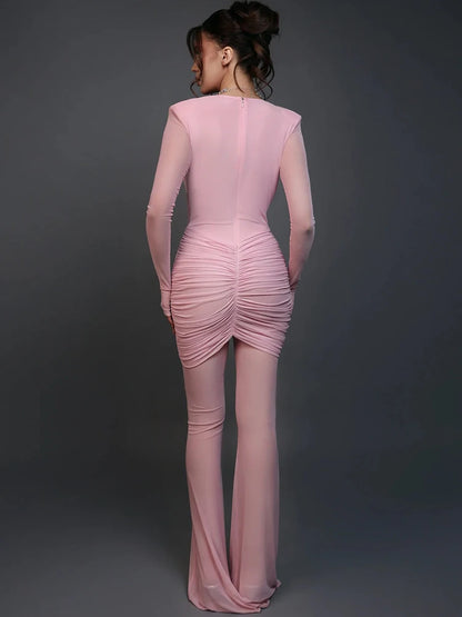 Mozision Deep V Neck Long Sleeve Sexy Jumpsuits Women Autumn Winter Patchwork See Through Ruched Club Party Jumpsuit Female.