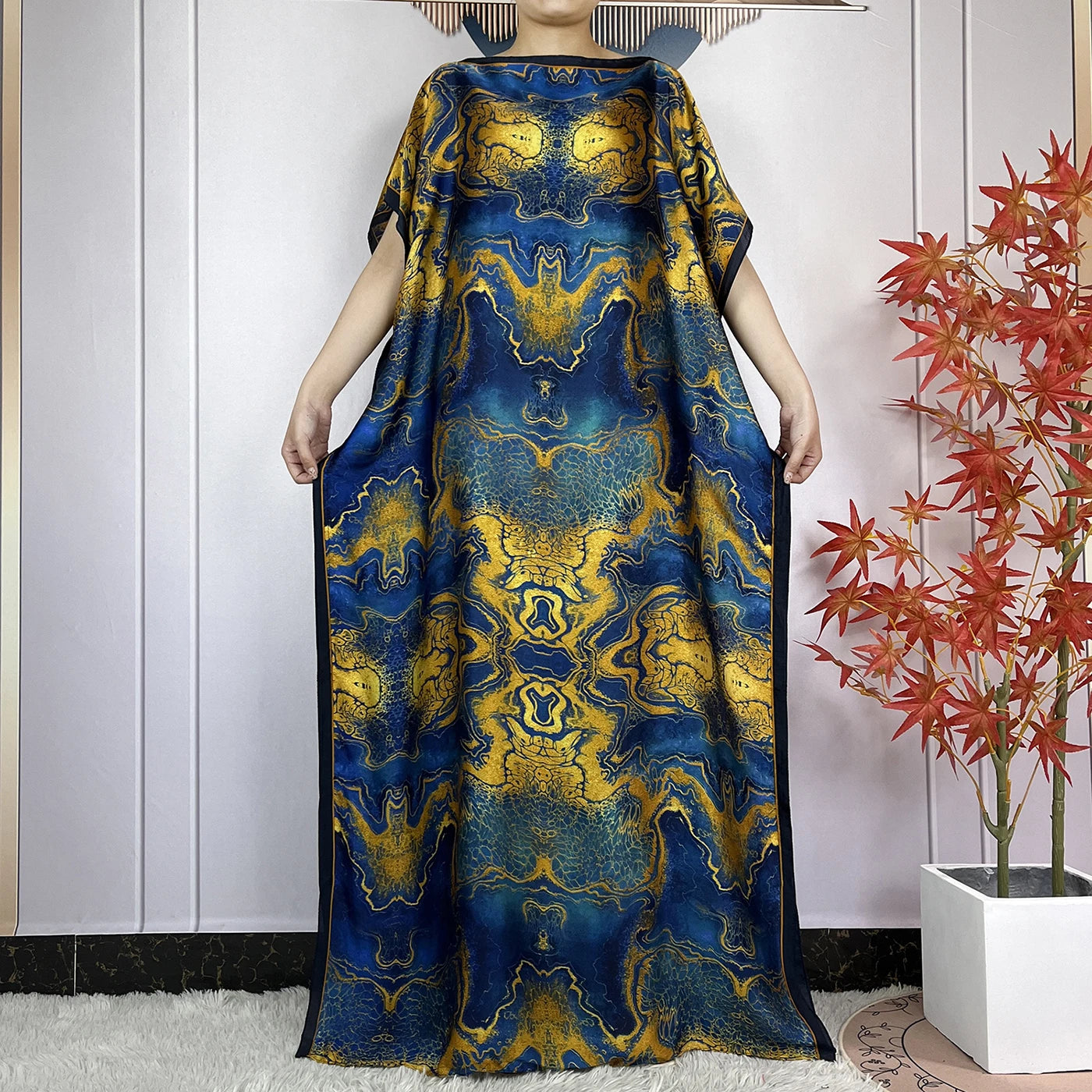 2024 New Dubai Summer Fashion For Women Printed Silk Soft Loose Femme Robe African Islam Maxi Woman Casual Dresses With Turban