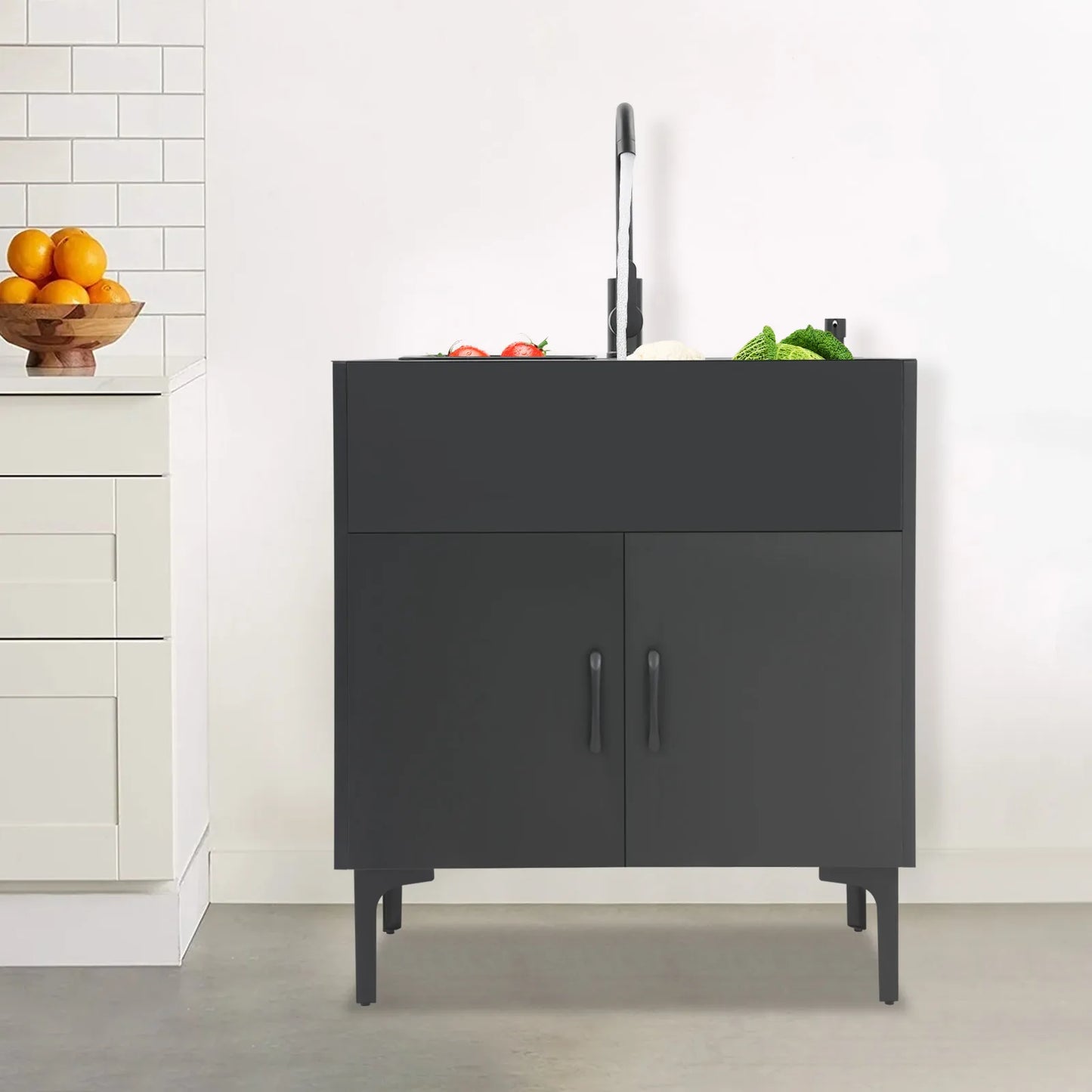 Schwarz/weißes unabhängiges Waschbecken mit Schrank, Küchenspüle aus Edelstahl mit 360° °   Drehbarer Wasserhahn für Badezimmer, Waschbecken