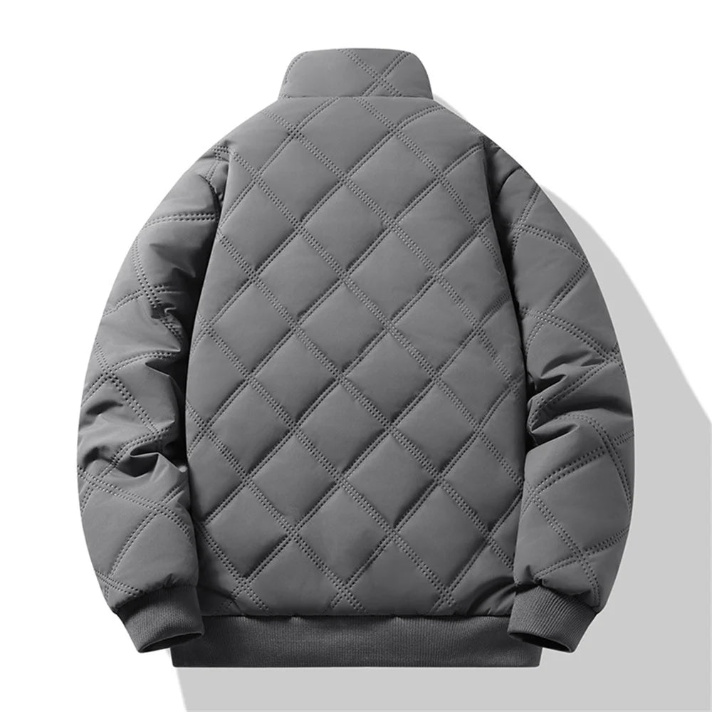 New Windproof Thermal Diamond-Quilted Cotton Jacket Winter Men's Fleece-Lined Thickened Cuff Design Stand-Up Collar Jacket.