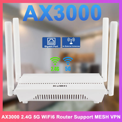 KuWFi AX3000 WiFi6 Router 3000Mbps 2.4GHz 5GHz Dual Band WiFi Router Gigabit WAN LAN Port AP Repeater Mode Support MESH VPN WPS.