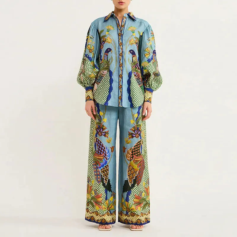Autumn Women Bohemian Print Lapel Button LongSleeve Shirt+Loose Wide Legs Trousers Set Conjunto Dos Piezas Mujer Elegante Casual.