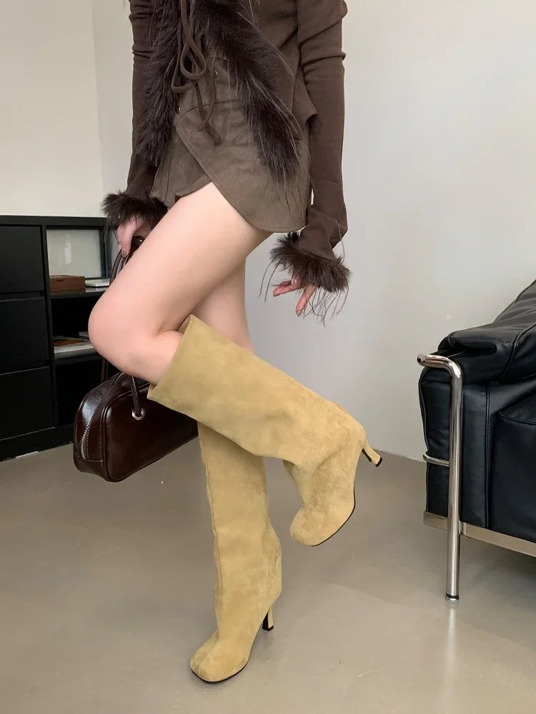 Eilyken Concise Round Toe Women Knee-High Boots Punk Style Thin High Heels Shoes Autumn Winter Female Long Booties.