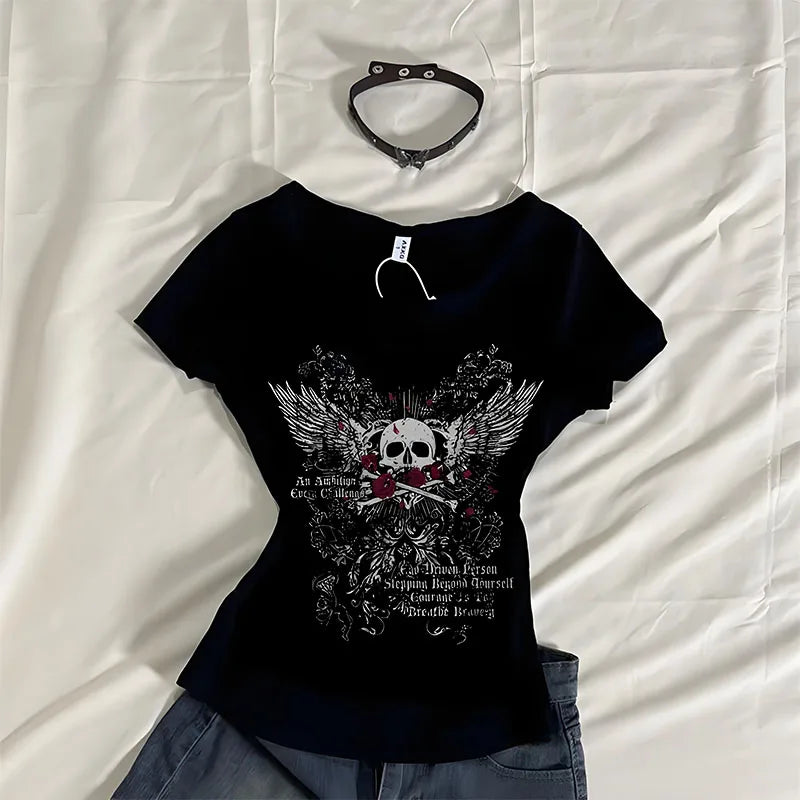 Indie Grafikdruck Kurzarm T-Shirt Damen 2000er Jahre Ästhetisches Mall Goth E-Girl Gothic T-Shirt Retro Y2K Grunge Skull Wing Crop Tops