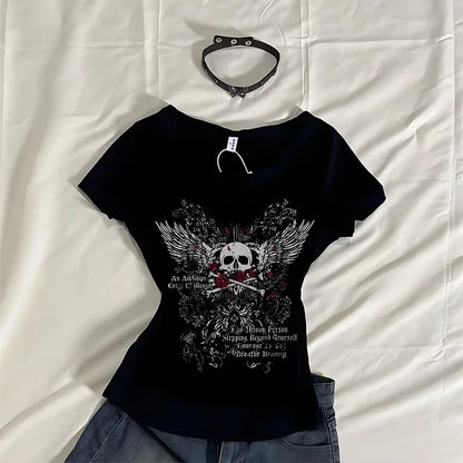 Indie Grafikdruck Kurzarm T-Shirt Damen 2000er Jahre Ästhetisches Mall Goth E-Girl Gothic T-Shirt Retro Y2K Grunge Skull Wing Crop Tops