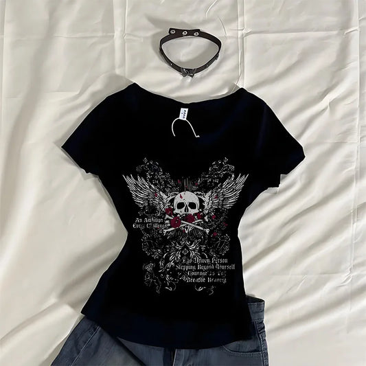 Indie Grafikdruck Kurzarm T-Shirt Damen 2000er Jahre Ästhetisches Mall Goth E-Girl Gothic T-Shirt Retro Y2K Grunge Skull Wing Crop Tops