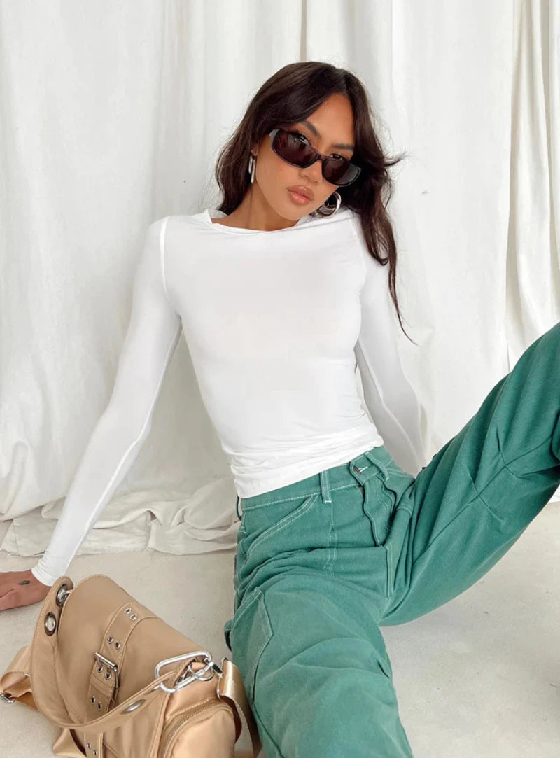 Women's Long Sleeved T-Shirt Spring And Autumn Solid Color Slim Fit Pullover Women's Basic T-Shirt Y2k Clothes Street Wear.