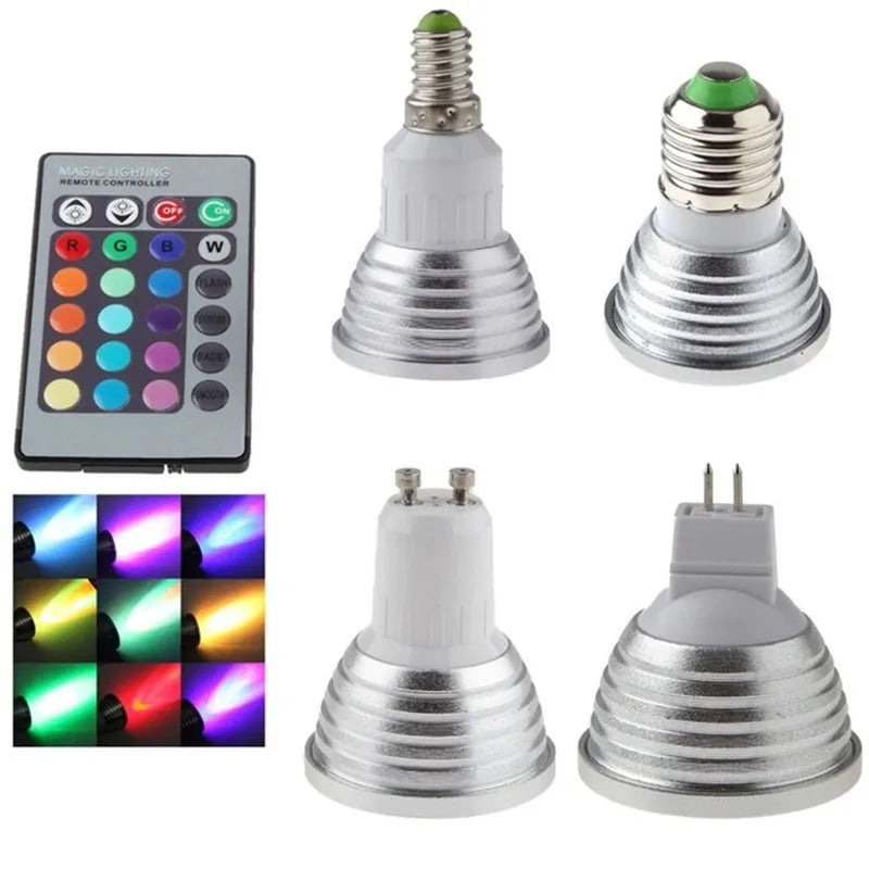 AC85-265V 12V MR16 E27 E14 GU10 GU5.3 RGB Spotlight 3W Dimmable E27 Led Bulbs with 24keys Remote Light Tubes for Home Decoration.