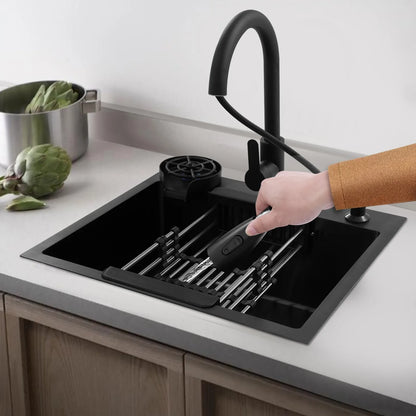 Multifunktionales Küchenspüle mit ausziehbarem Wasserhahn, Tassenspüler, Seifenspender, Abflusskorb, Anti-Überlauf, 201 Edelstahl