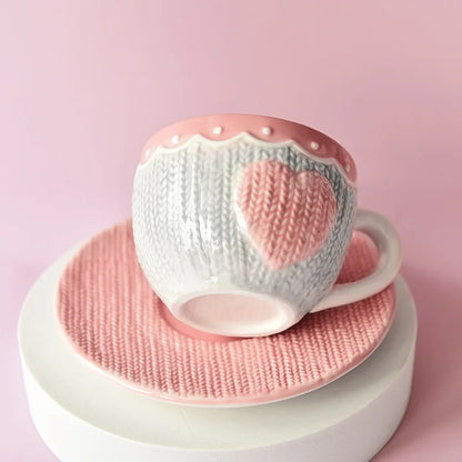 250ml Ceramic Tea Cup And Saucer Set Kawaii Bowknot Coffee Cup Dish Pink Wool Knitting Mug Microwave Safe.