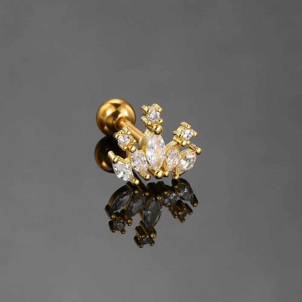 1pc Tragus Piercing Ear Stud Earring For Women Girls Cubic Zirconia Crown Small Helix Pierced Gold Color Ear Accessories Gifts.