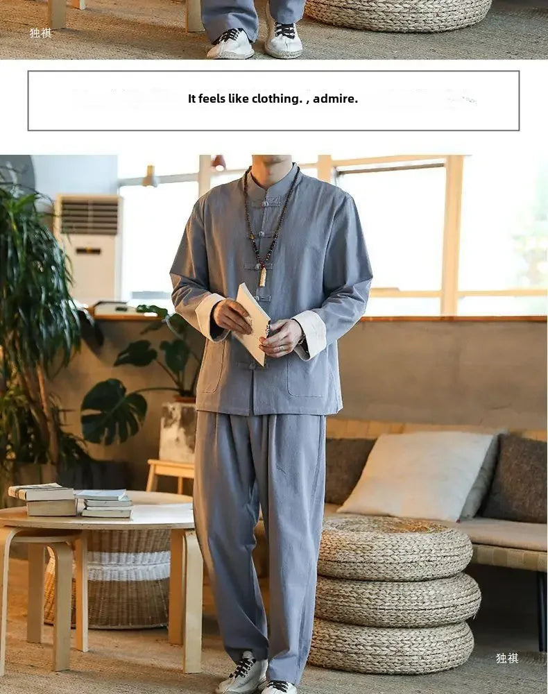 Traditional Chinese Men's Tang Suit Cotton Linen Ancient Costume Tea Servant Zen Meditation Clothing Middle Mountain Hanfu.