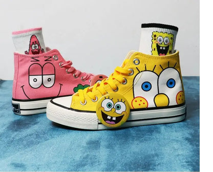 Summer new student Spongebob Squarepants High top canvas shoes cute girl cartoon street sneakers.