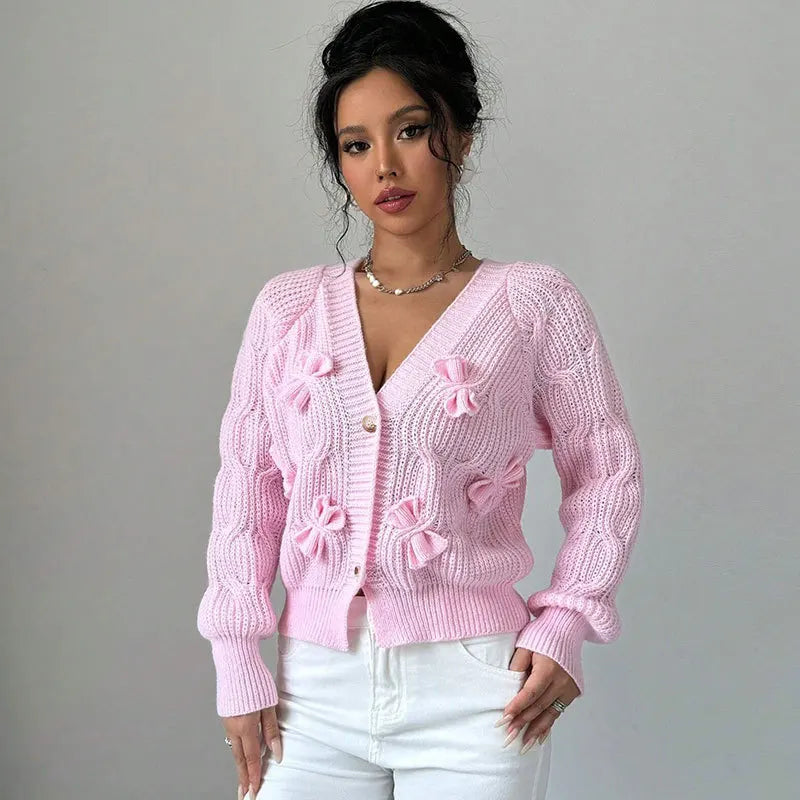2025 Autumn And Winter Solid Color Long-sleeved Bow Knit Cardigan Jacket New Women's Elegant V-neck Button Versatile Sweater Top.