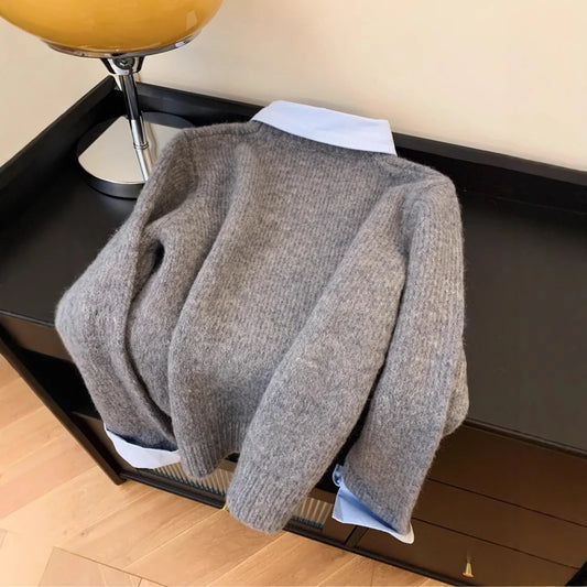 Gefälschte Zwei Shirts Kragen Pullover frauen Herbst Outfit Neue Lazy Linterior Kontrast Farbe Grau Stricken Pullover Top Mit Flip kragen