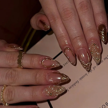 24Pc False Nails with Glue Almond Black Red Gradient Design Detachable Rhinestone Acrylic Fake Nail Long Stiletto Press on Nails